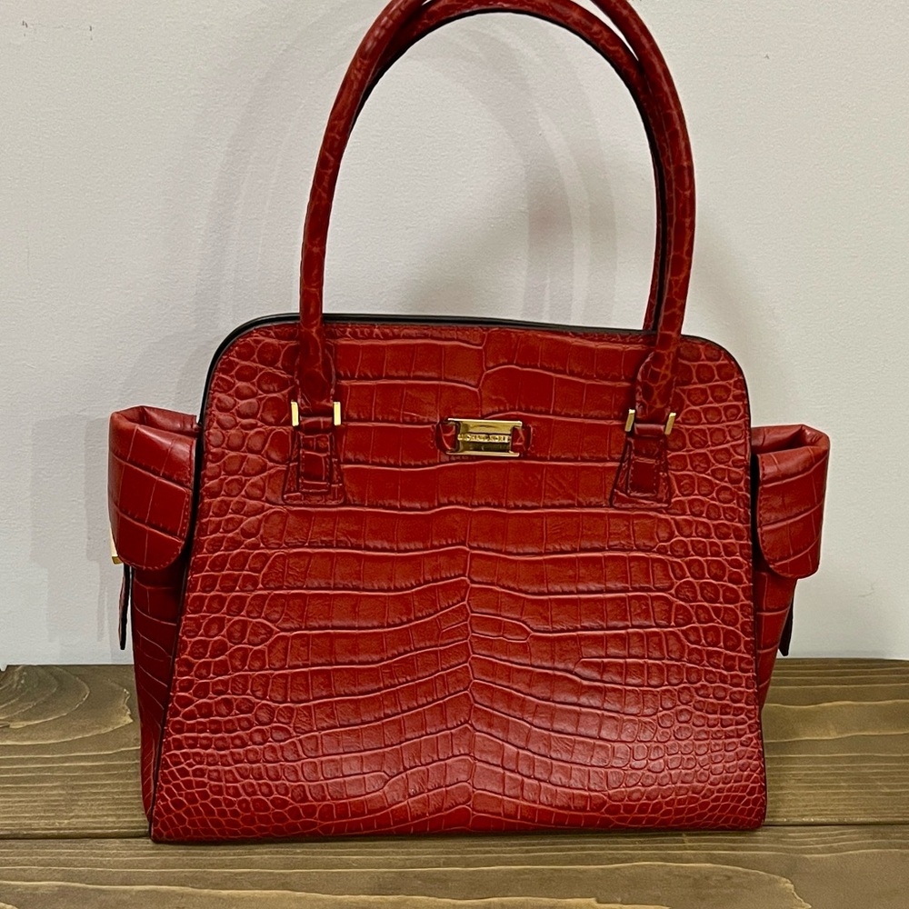 Mickael Kors Red Leather Crocodile Stamped Handbag
